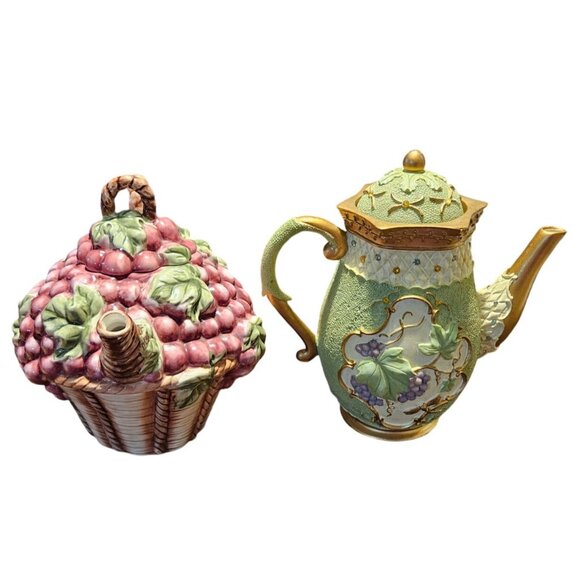 Tea Pot Kitchen Creations Ceramic Grapes Basket & Green Teapot Candle Holder - Picture 2 of 16